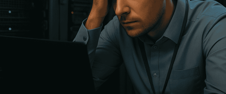 IBM Storage Defender_Data Protect_Flashsystem Profissional de TI monitorando painel de segurança cibernética preocupado com a resiliência de dados e a vulnerabilidade dos sistemas.