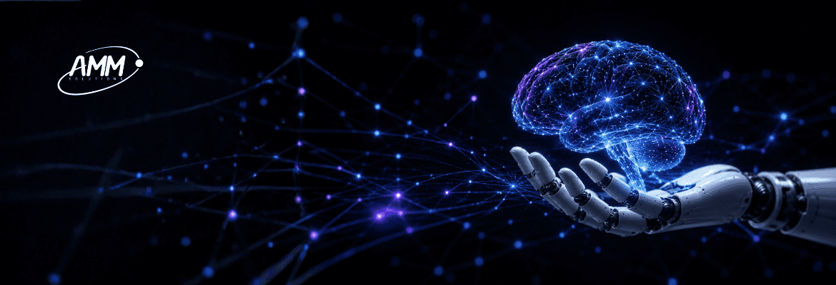 Mão robótica segurando rede neural digital representando infraestrutura para Inteligência Artificial