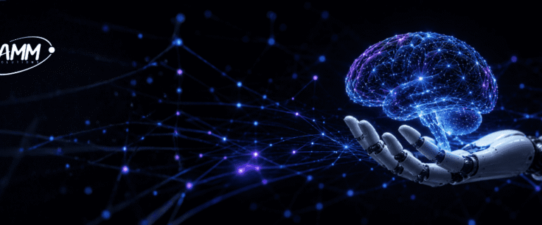 Mão robótica segurando rede neural digital representando infraestrutura para Inteligência Artificial