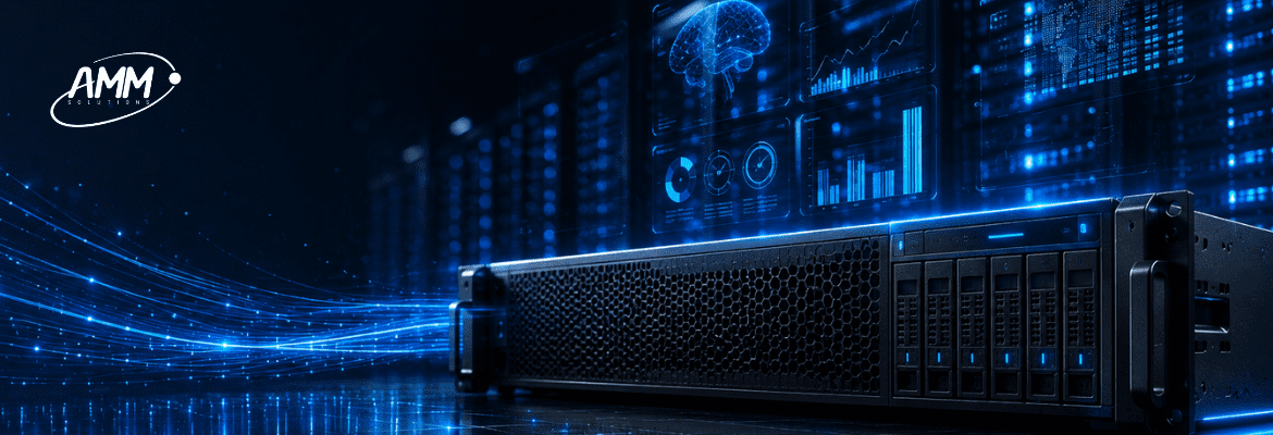 Servidor IBM Power com painéis de dados de performance representando redução de custos e alta disponibilidade