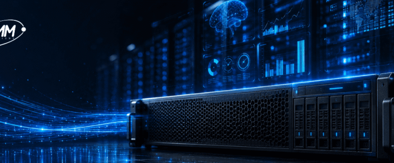 Servidor IBM Power com painéis de dados de performance representando redução de custos e alta disponibilidade