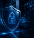 Escudo digital com cadeado em data center representando proteção contra ransomware com IBM FlashSystem