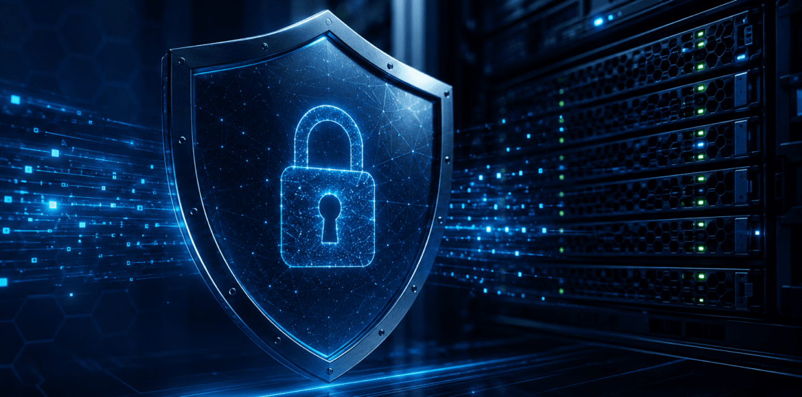 Escudo digital com cadeado em data center representando proteção contra ransomware com IBM FlashSystem