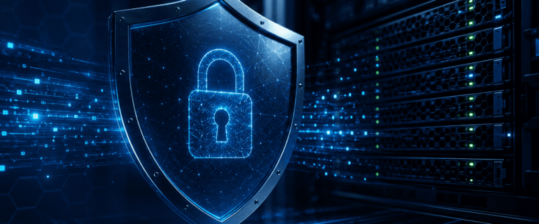 Escudo digital com cadeado em data center representando proteção contra ransomware com IBM FlashSystem
