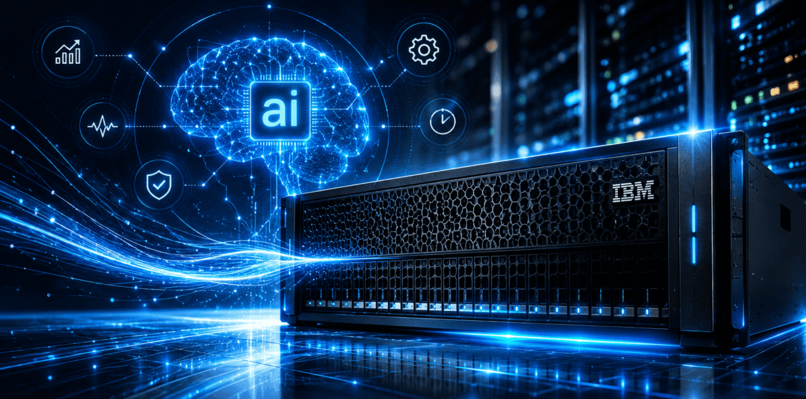 Servidor IBM com ícones de inteligência artificial representando o storage autônomo IBM FlashSystem.ai