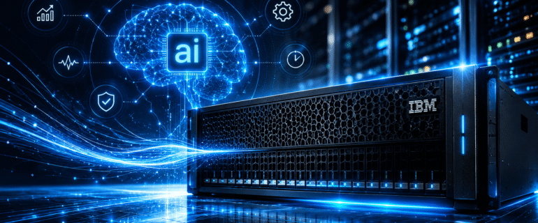 Servidor IBM com ícones de inteligência artificial representando o storage autônomo IBM FlashSystem.ai