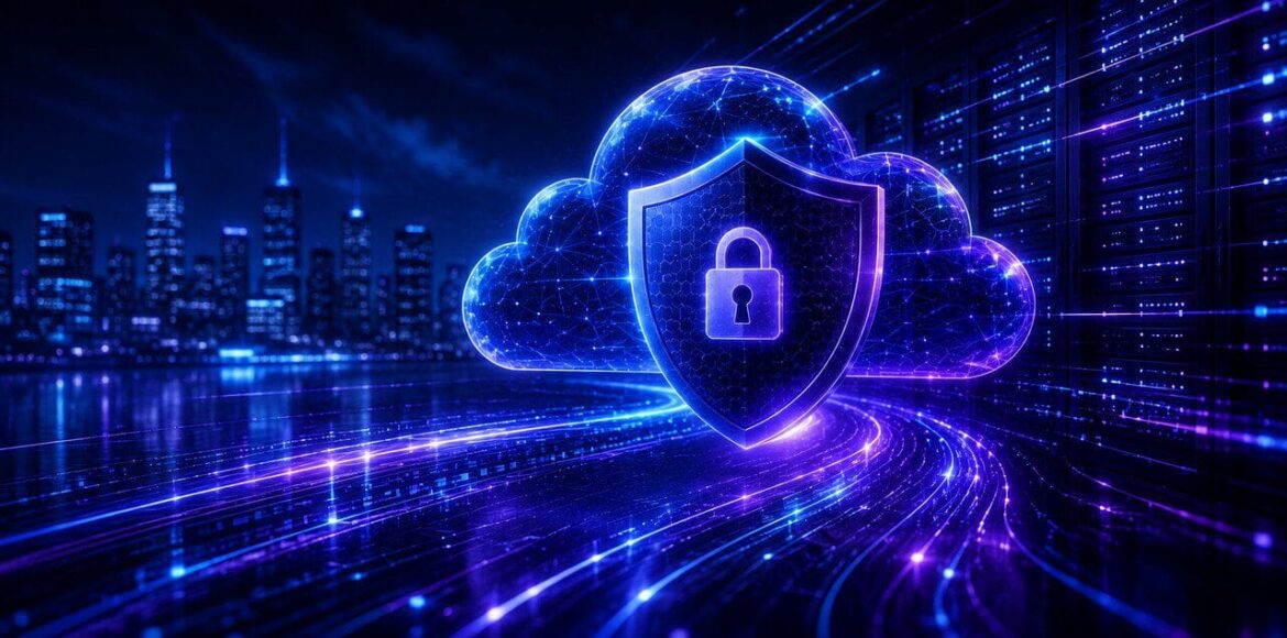Nuvem digital com escudo e cadeado representando resiliência cibernética e proteção de dados multi-cloud com IBM Storage Defender