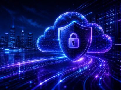 Nuvem digital com escudo e cadeado representando resiliência cibernética e proteção de dados multi-cloud com IBM Storage Defender