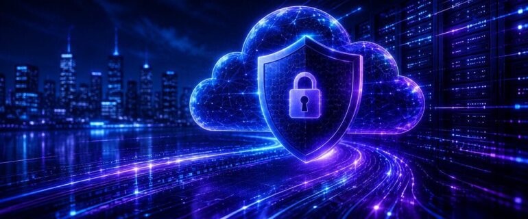 Nuvem digital com escudo e cadeado representando resiliência cibernética e proteção de dados multi-cloud com IBM Storage Defender