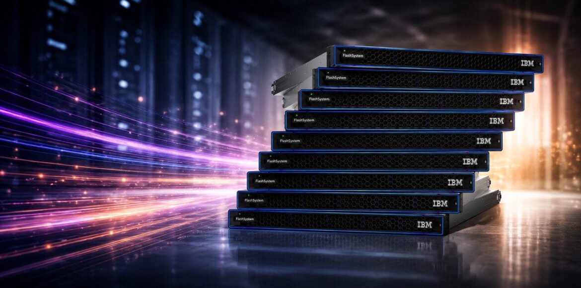 Pilha de unidades IBM FlashSystem em data center representando storage de alta performance com redução de espaço e consumo de energia