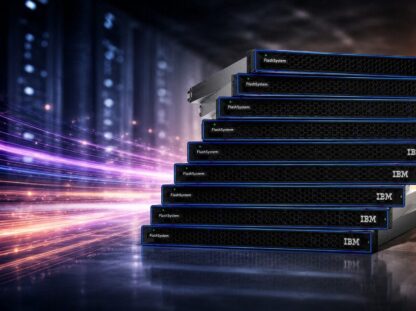 Pilha de unidades IBM FlashSystem em data center representando storage de alta performance com redução de espaço e consumo de energia