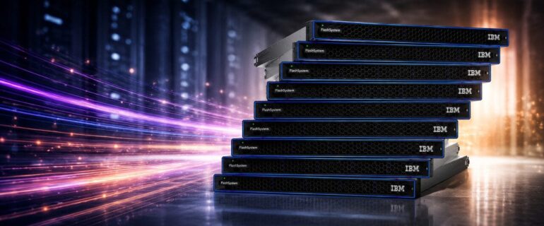 IBM FlashSystem 9600 storage NVMe alta performance Pilha de unidades IBM FlashSystem em data center representando storage de alta performance com redução de espaço e consumo de energia