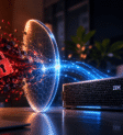 Servidor IBM FlashSystem bloqueando ataque de ransomware representado por cadeado vermelho fragmentado sendo contido por escudo digital