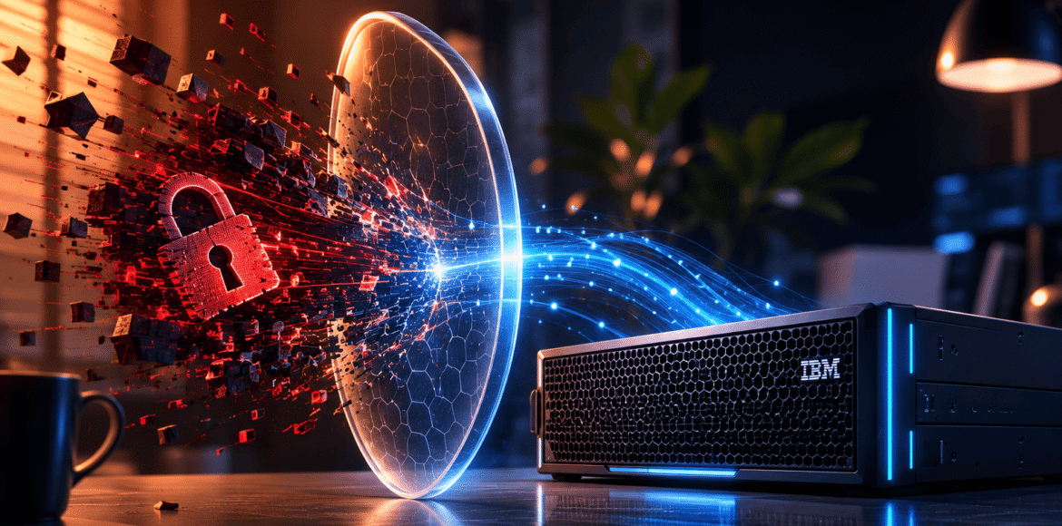 Servidor IBM FlashSystem bloqueando ataque de ransomware representado por cadeado vermelho fragmentado sendo contido por escudo digital