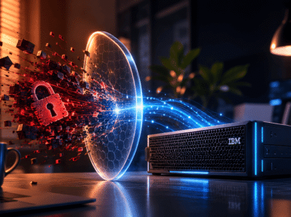 Servidor IBM FlashSystem bloqueando ataque de ransomware representado por cadeado vermelho fragmentado sendo contido por escudo digital