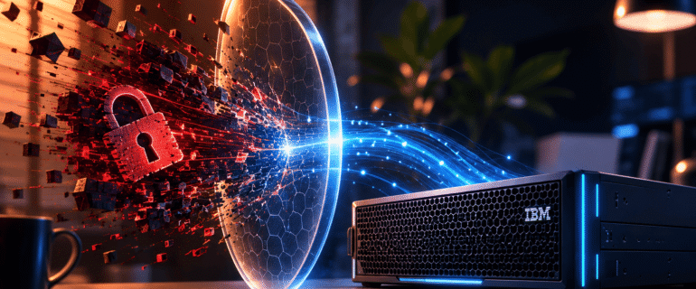 Servidor IBM FlashSystem bloqueando ataque de ransomware representado por cadeado vermelho fragmentado sendo contido por escudo digital
