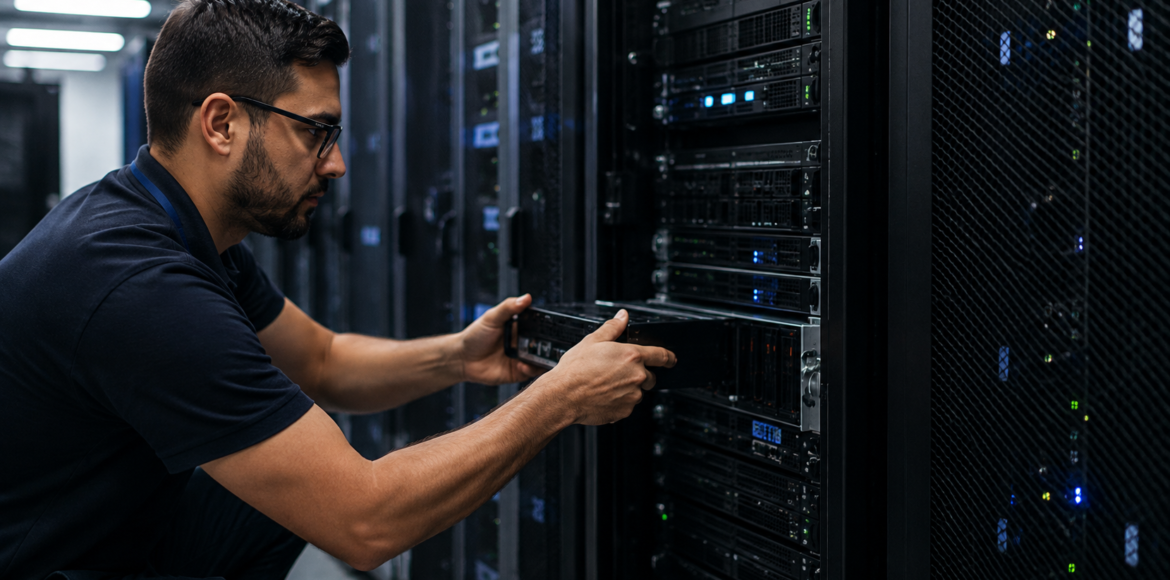 Profissional realizando manutenção em servidores de um data center, representando uma infraestrutura segura para backup corporativo.