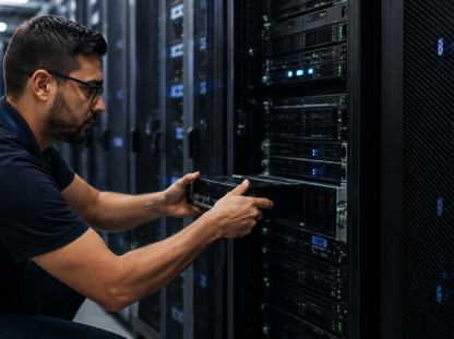 Profissional realizando manutenção em servidores de um data center, representando uma infraestrutura segura para backup corporativo.