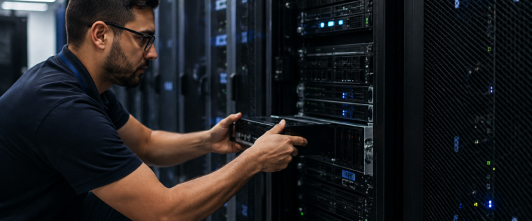 Profissional realizando manutenção em servidores de um data center, representando uma infraestrutura segura para backup corporativo.