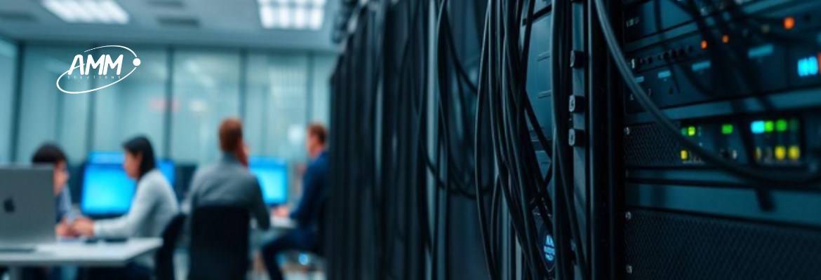 Profissionais trabalhando em um ambiente de infraestrutura de TI com racks de servidores corporativos em um datacenter moderno.