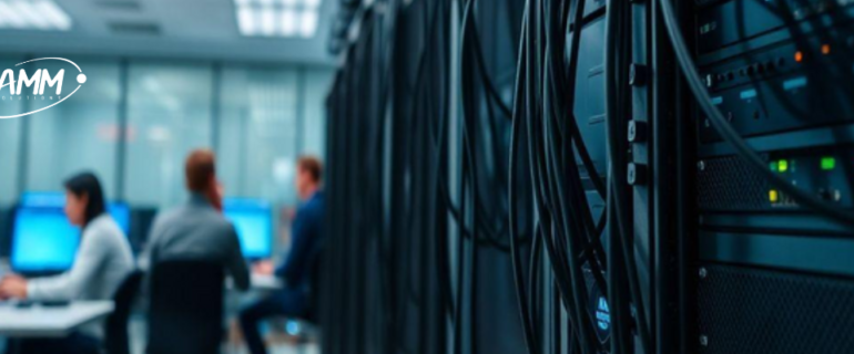 Profissionais trabalhando em um ambiente de infraestrutura de TI com racks de servidores corporativos em um datacenter moderno.