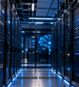 Corredor de data center com racks de servidores e storage iluminados em azul, representando a infraestrutura para IA
