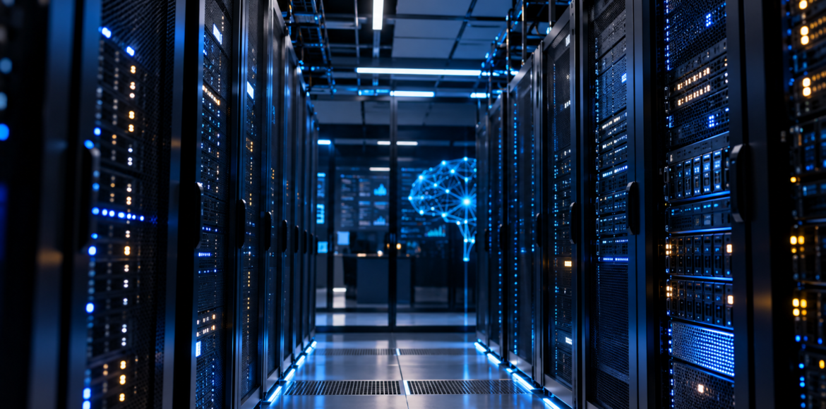 Corredor de data center com racks de servidores e storage iluminados em azul, representando a infraestrutura para IA