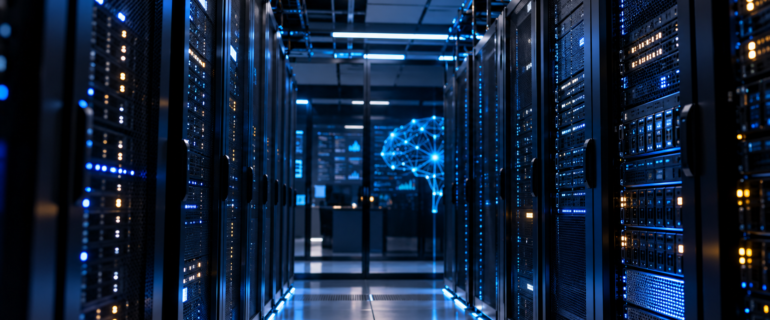 Corredor de data center com racks de servidores e storage iluminados em azul, representando a infraestrutura para IA