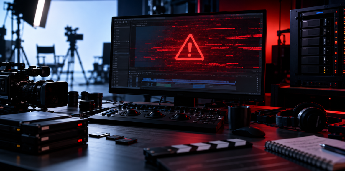 Ilha de edição de produtora audiovisual com alerta de falha no monitor, câmera, HDs e servidor ao fundo, ilustrando a importância de backup e disaster recovery